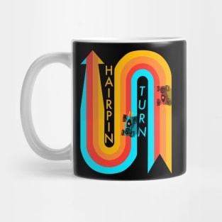 Racing inspired hot rods go karts turning into a hairpin Mug